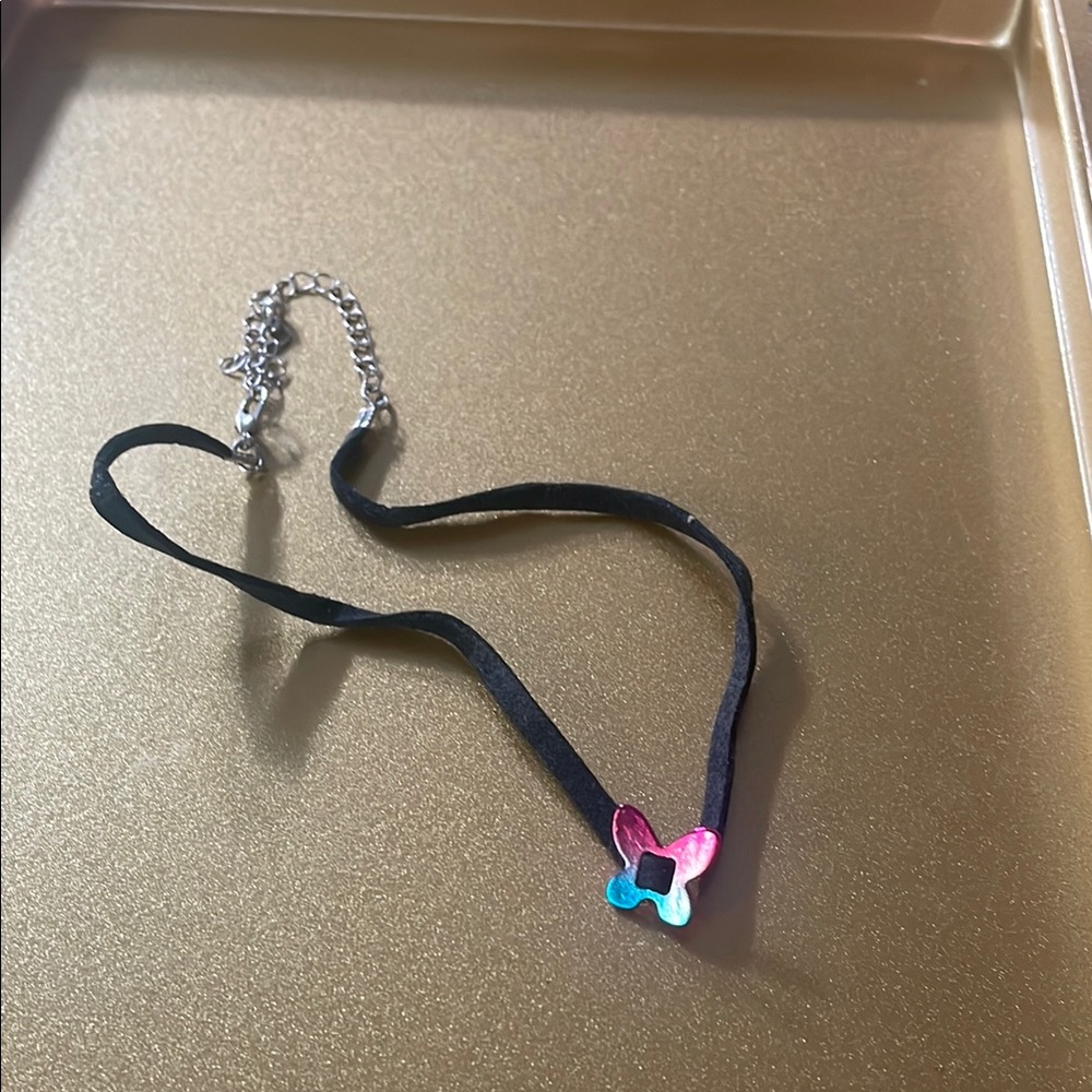 Y2K Black Choker Necklace w/ Pink Butterfly Charm, 16 inches